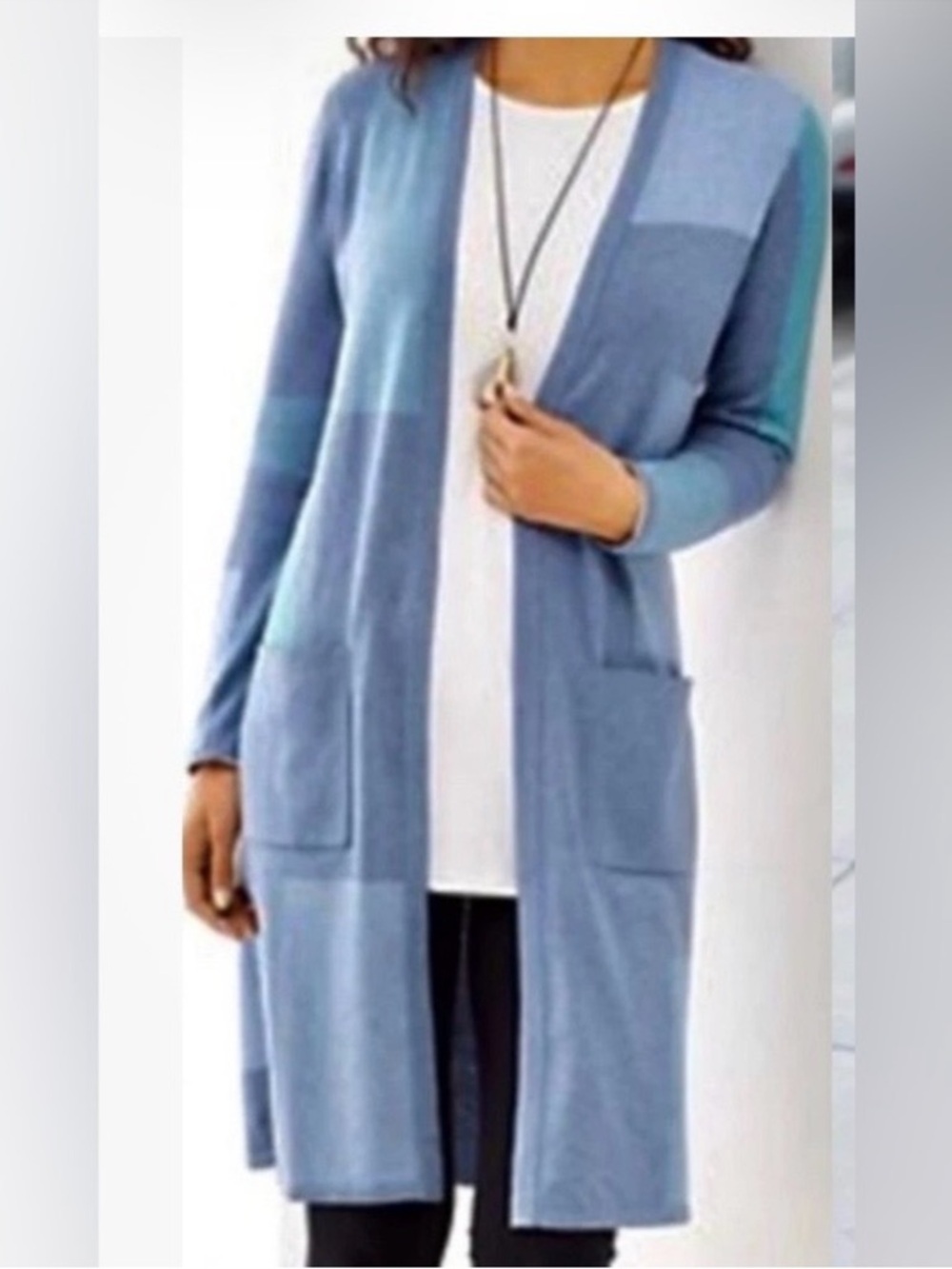 J. Jill Size M Women Color Block Long‎ Duster Cardigan Jacket Patch Pockets
Blue